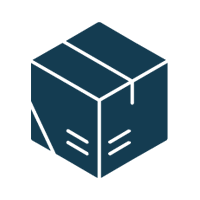 Icono de caja de envío azul oscuro con contorno blanco y líneas de cinta adhesiva