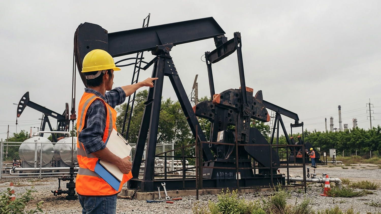 Un trabajador con chaleco de seguridad naranja y casco amarillo señala las bombas de extracción de petróleo en un campo industrial.