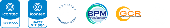 Logotipos de acreditación de Icontac, HACCP, BPM y GCR sobre un fondo blanco.