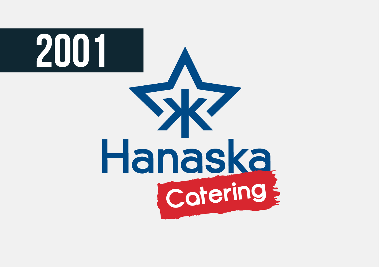Logotipo de Hanaska Catering con una estrella azul y una pancarta roja, con la fecha 2001 en la parte superior izquierda.