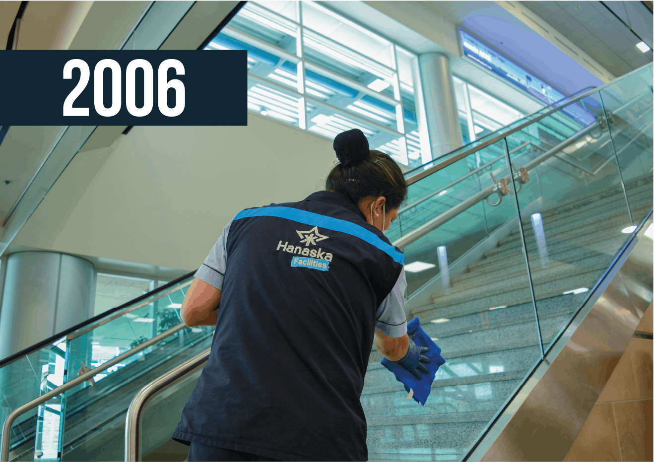 Trabajador limpiando escaleras de cristal en un edificio moderno y luminoso, con el año “2006” en la esquina.