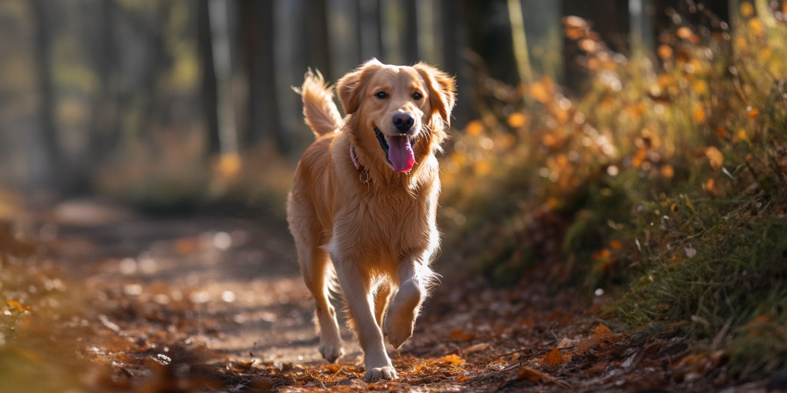 A dog is running down a path in the woods.