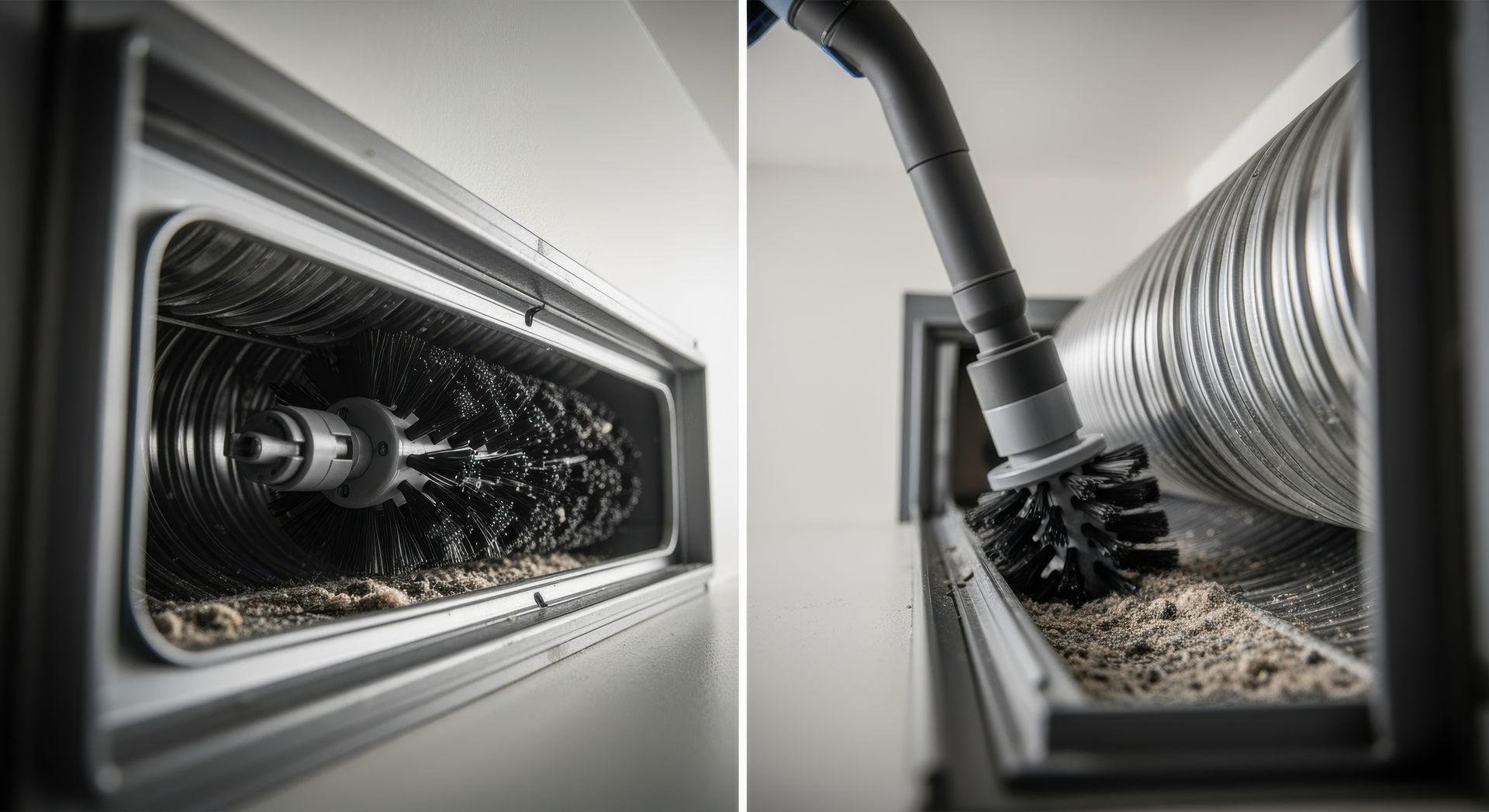 Close-up of a specialized brush head scrubbing debris inside a duct for dryer vent cleaning.