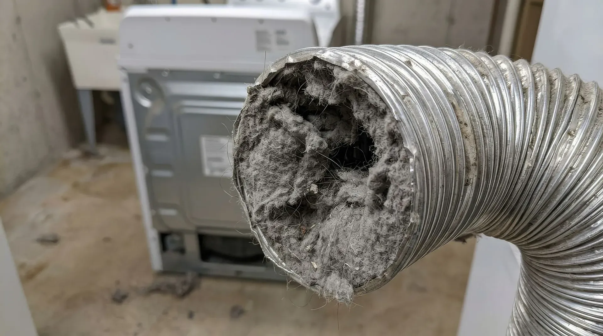 Dangerously clogged dryer vent hose full of lint and dust in need of service.