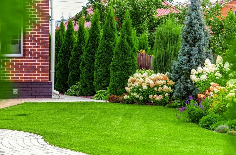 A lush green lawn with trees and flowers in front of a brick house.