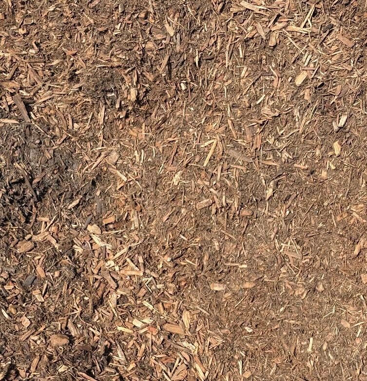 Close-up of brown wood chip mulch covering the ground.