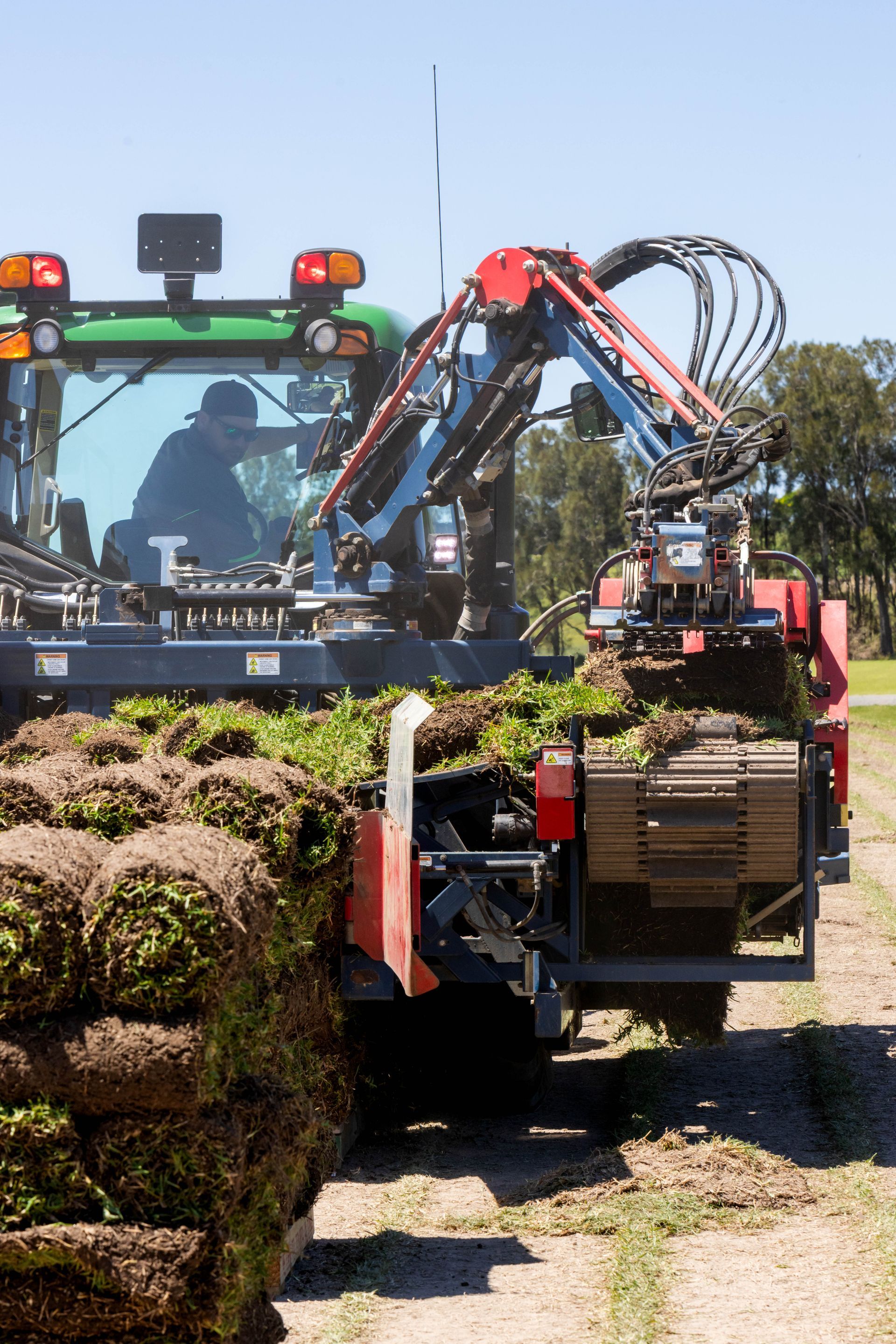 Person in blue gloves installing sod in a garden bed. They are wearing jeans and a plaid shirt.