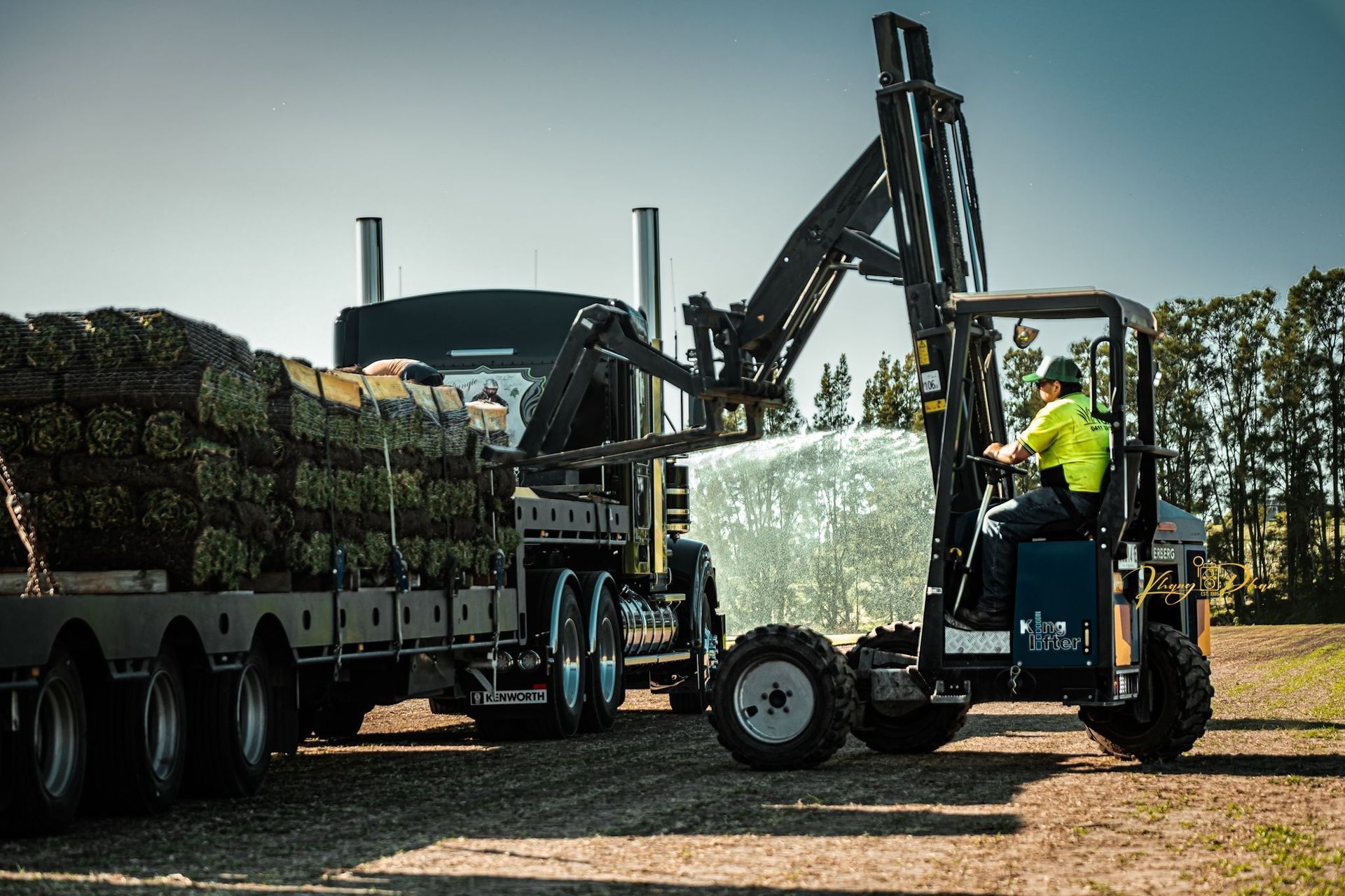 Forklift operator loading a wrapped pallet onto a semi-trailer carrying sod. The operator wears a safety vest in a field.