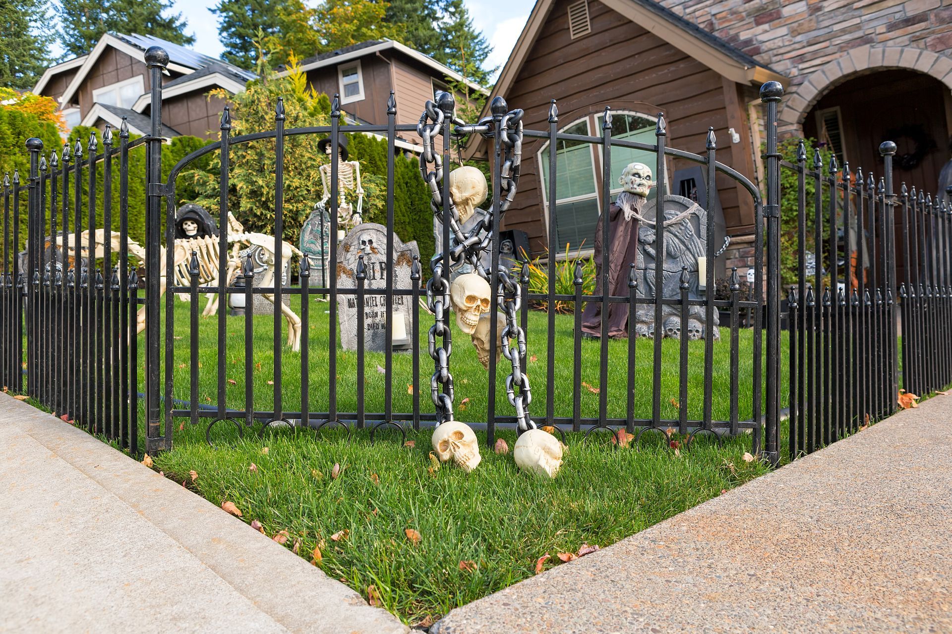 Decorated front yard with a black fence, dog figures, and a Halloween-style skeleton display
