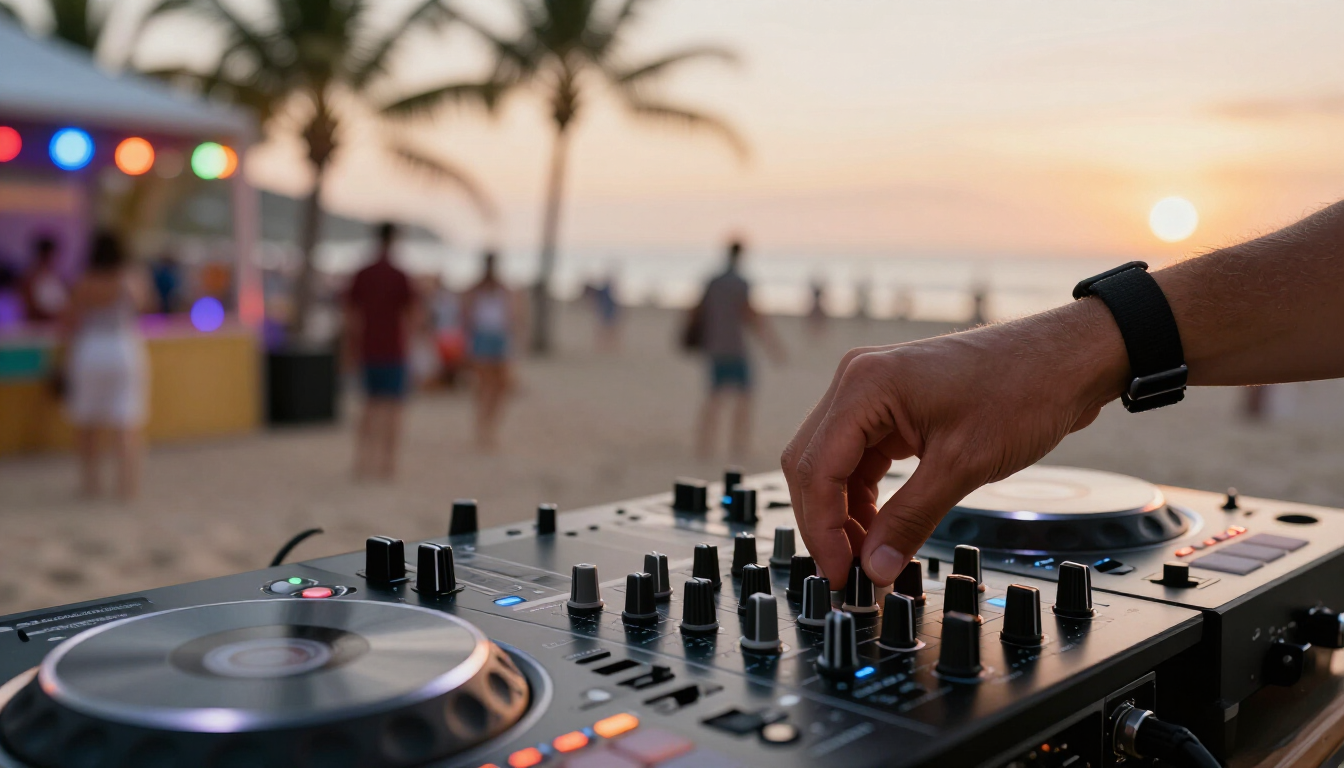 DJ aan het werk op het strand