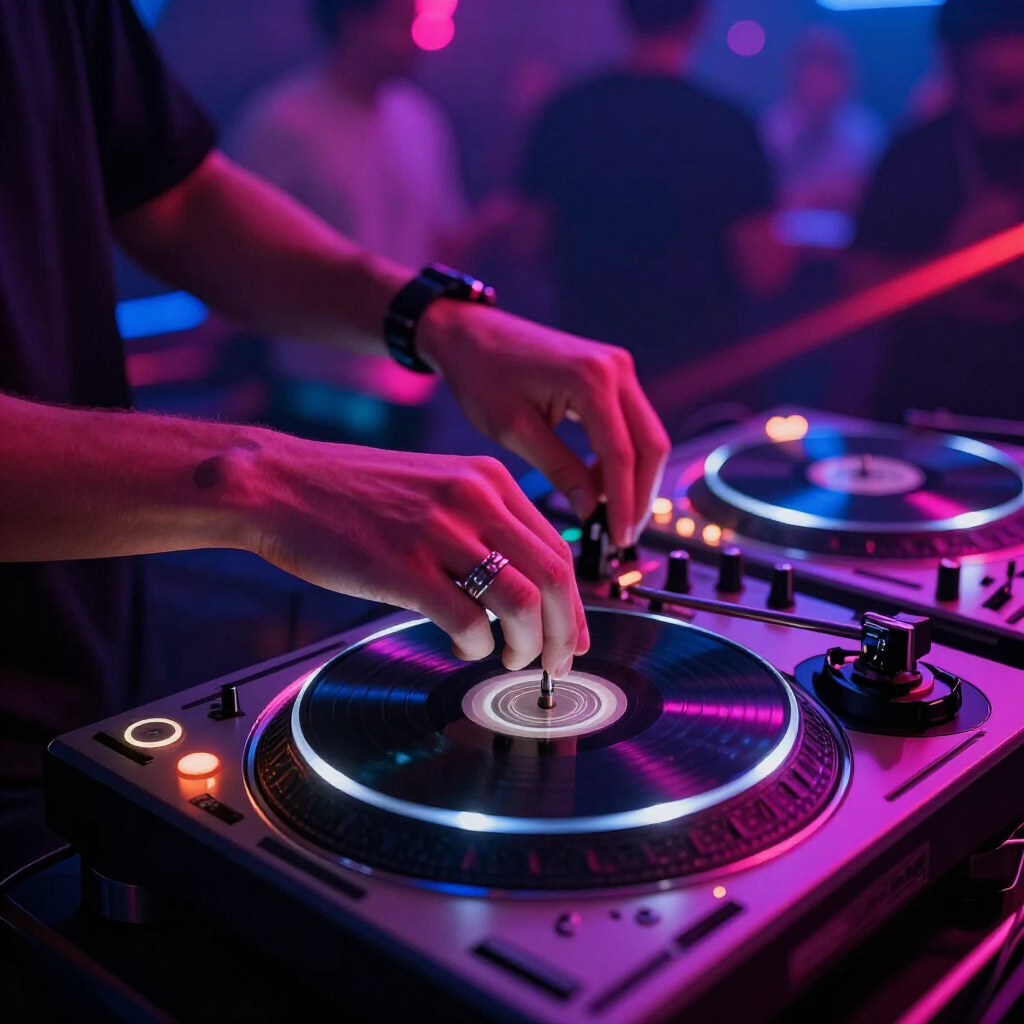 DJ-handen stellen draaitafels af bij een neonverlichte mengtafel in een club.