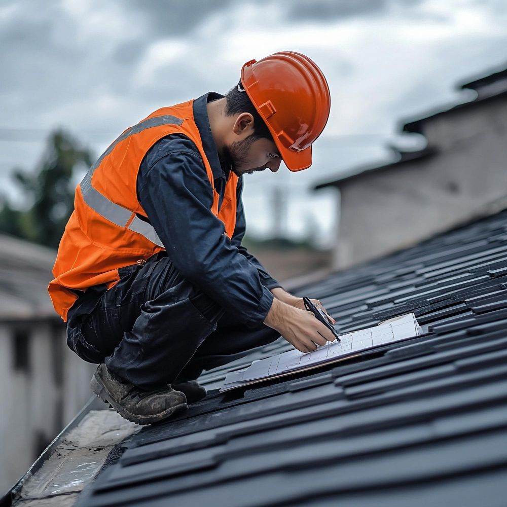 Construction worker in orange safety gear inspecting roof shingles during installation