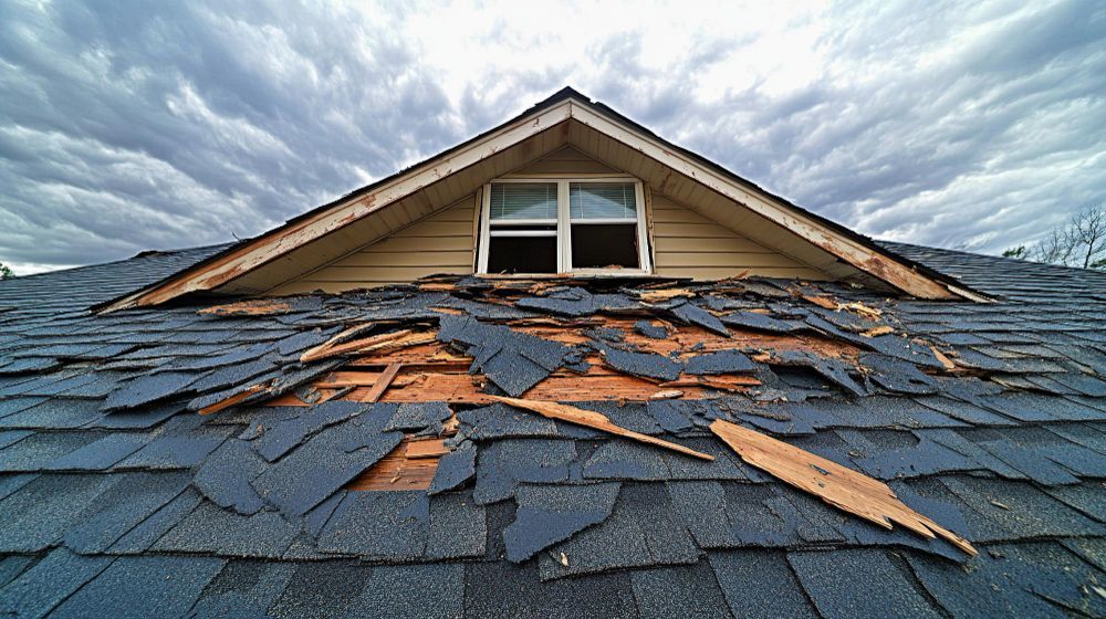Damaged roof with torn shingles around a dormer under a cloudy sky