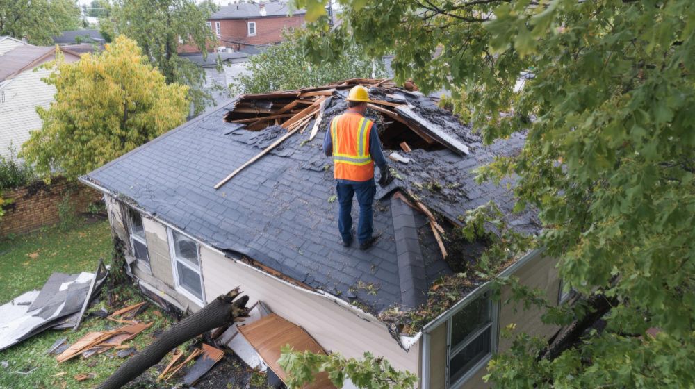 Worker in orange vest inspecting storm-damaged roof with missing shingles and debris.