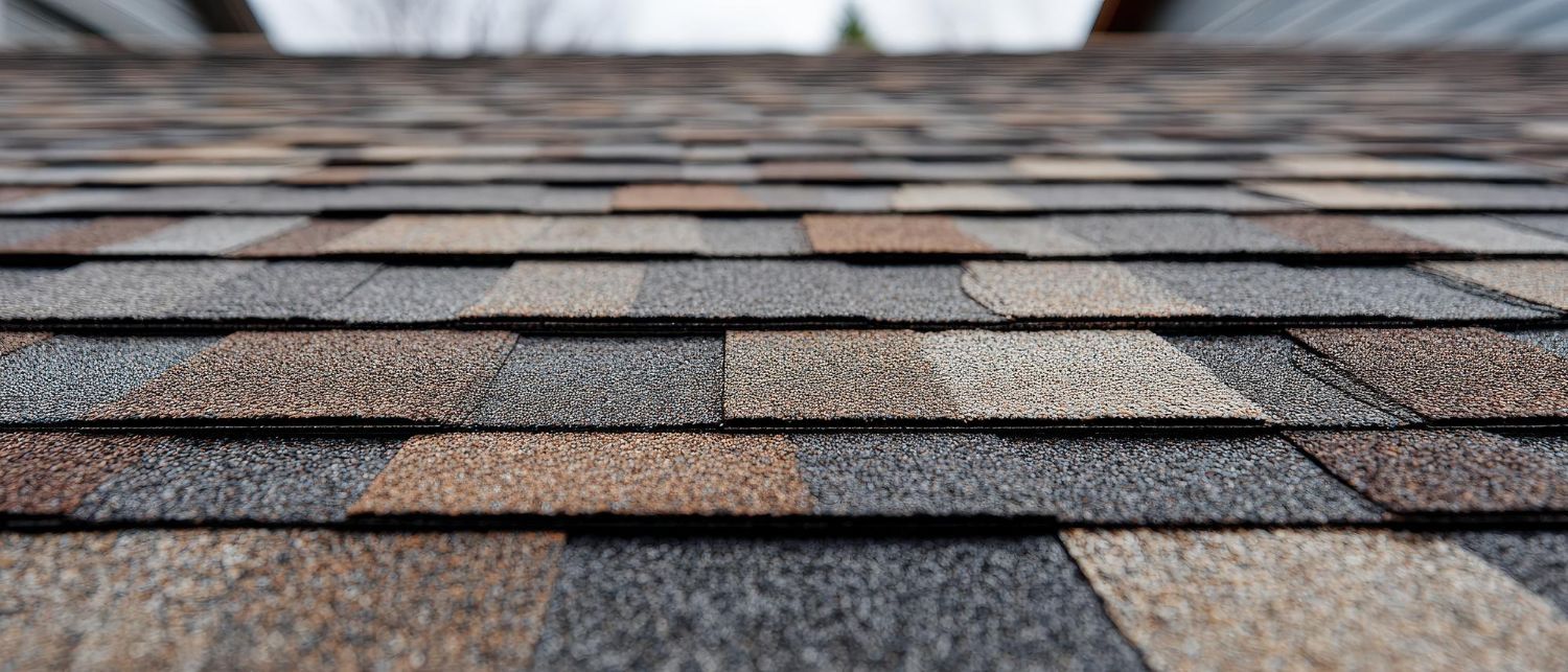 Close-up view of a varied slate- or shake-style roofing profile.