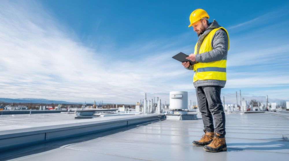 Construction worker in hard hat and reflective vest using a tablet on a rooftop under a blue sky
