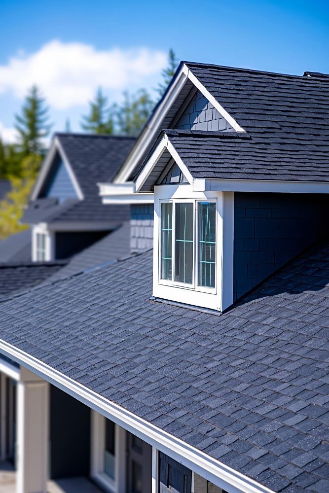 Close-up of a gray shingled house roof with dormer windows under a blue sky