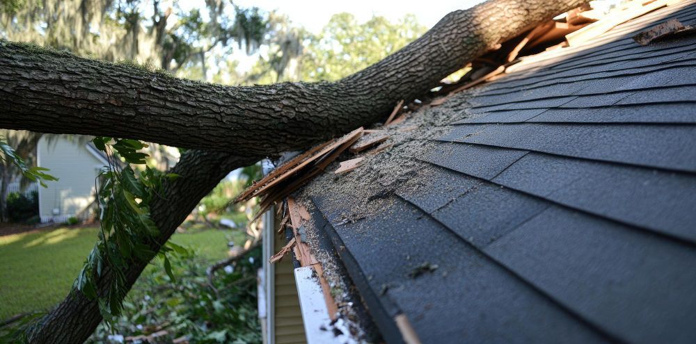 Fallen tree resting on a house roof, damaging dark shingles and gutters.