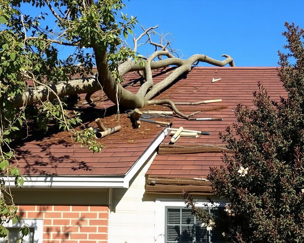 Fallen tree limbs on a red shingled roof of a house after storm damage
