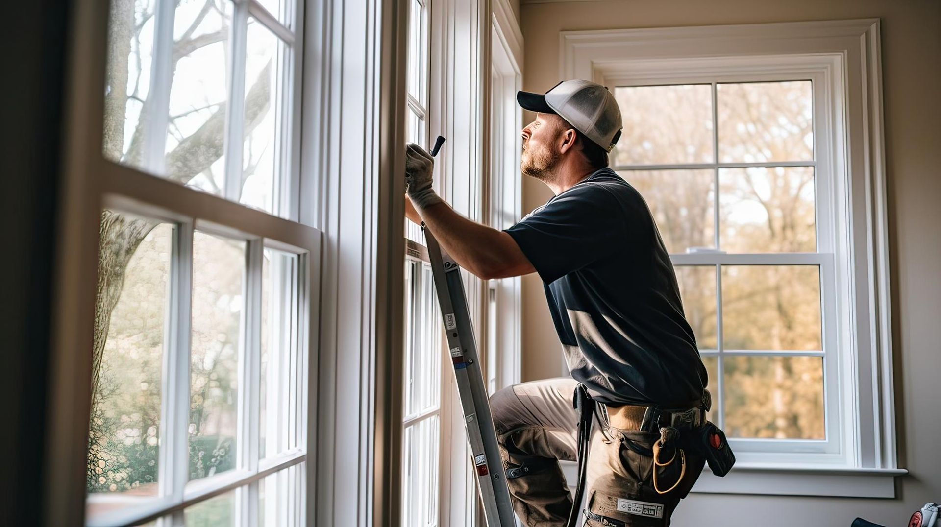 Worker using a ladder to clean or install window blinds in a bright room