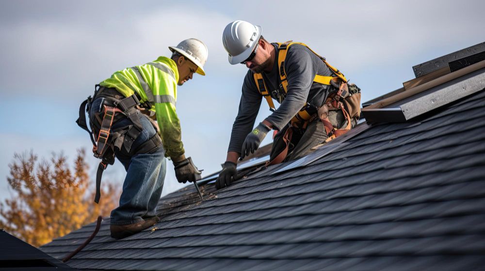 Two roofers in hard hats and safety gear installing shingles on a sloped roof