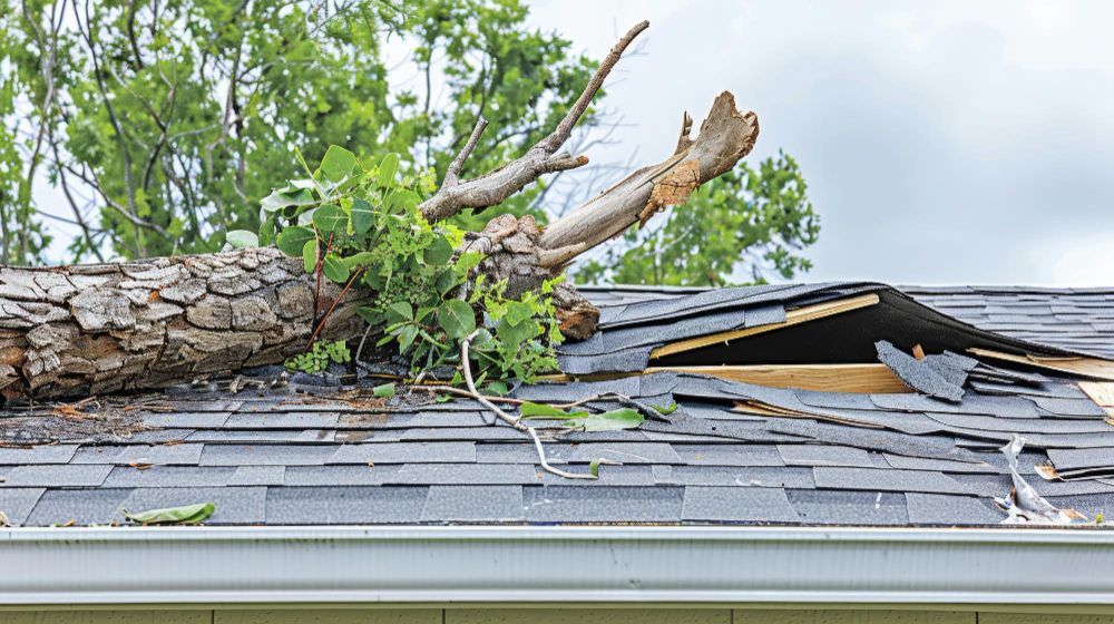 Fallen tree trunk on a damaged roof with missing shingles and exposed decking