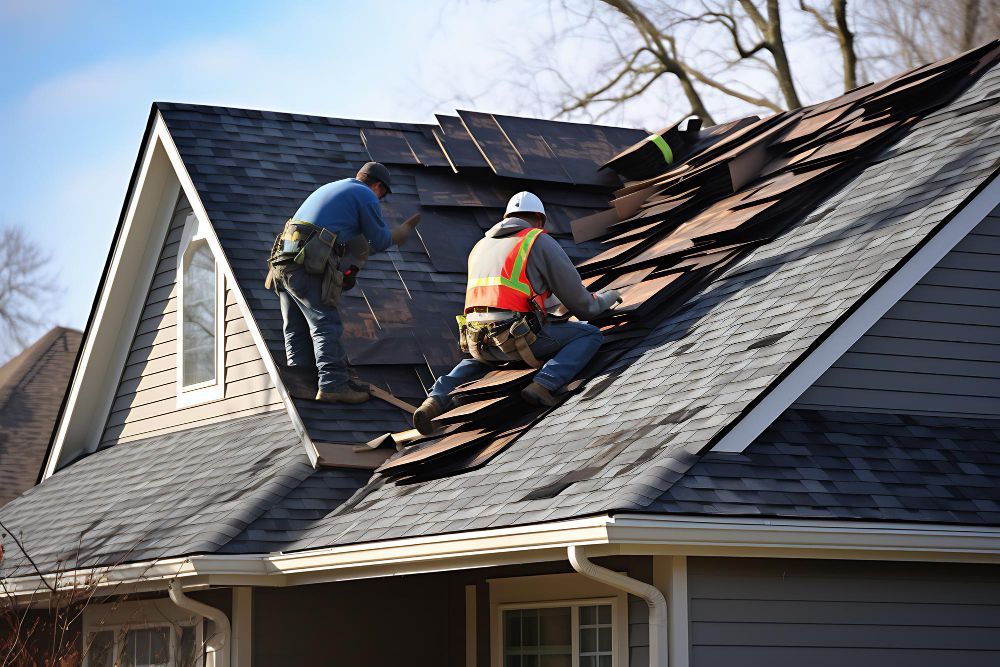 Two roofers repairing a shingled house roof, wearing safety gear and working on a steep slope.