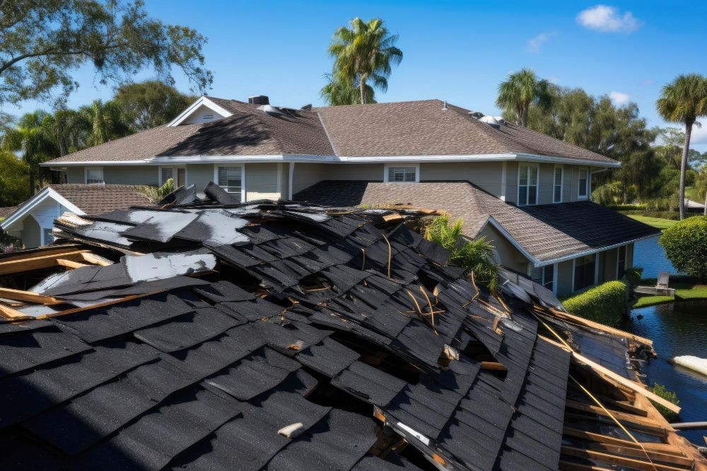 Damaged roof with black shingles torn off a house after a storm, under a blue sky
