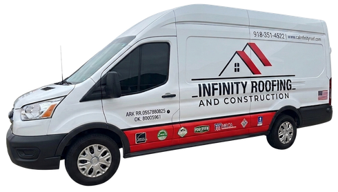 White Infinity Roofing and Construction van with red lower panel and company logo on the side