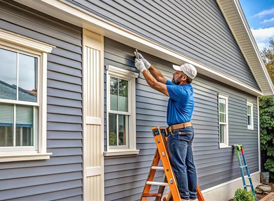 Worker on ladder painting gray house siding near windows and eaves