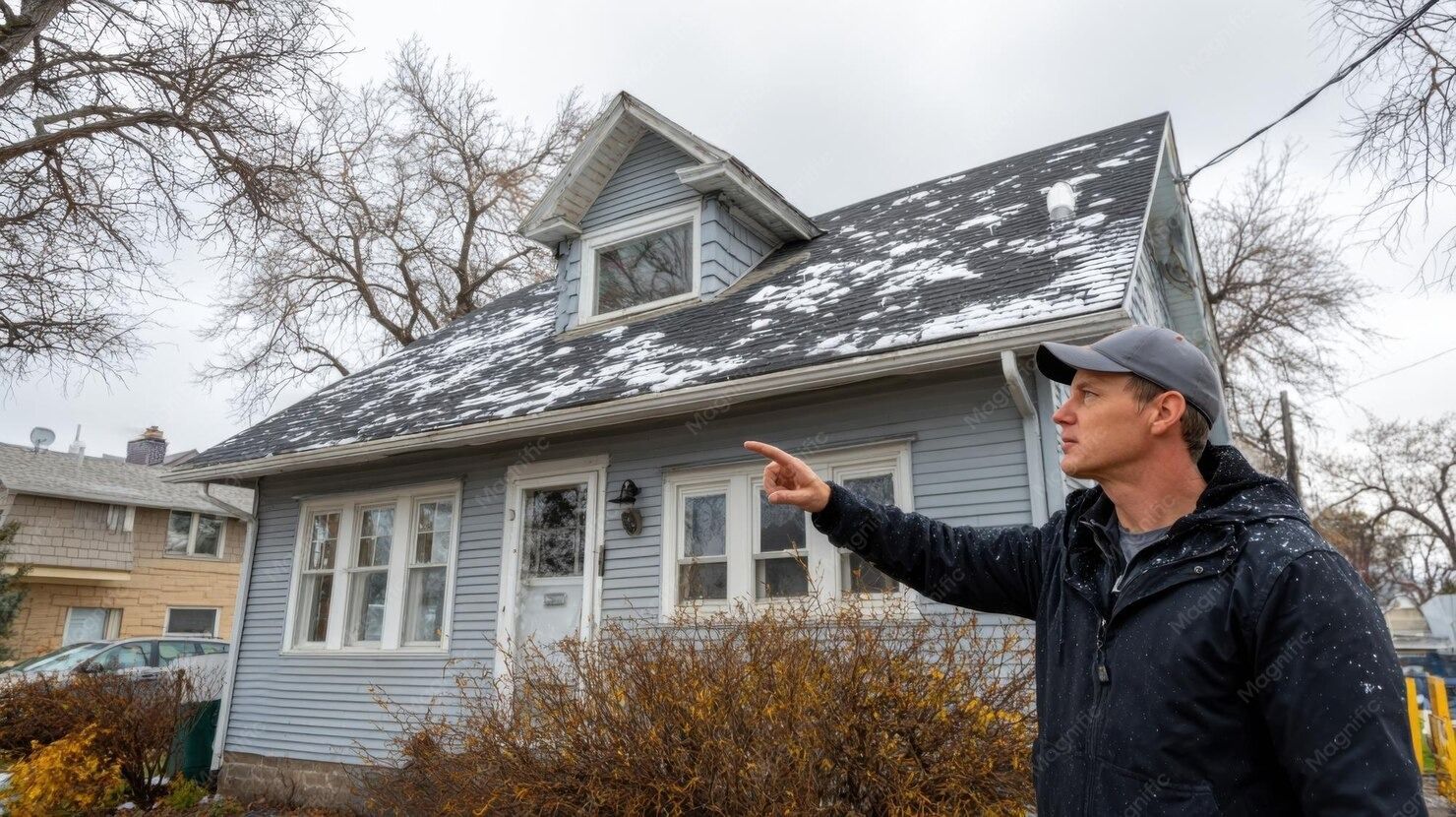 Roof inspector evaluating visible signs of hail damage on a residential roofing system.