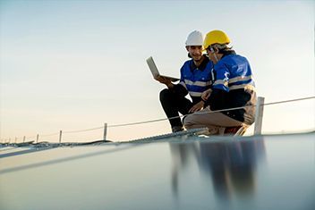 Two technicians in hard hats inspect solar panels on a rooftop at sunset