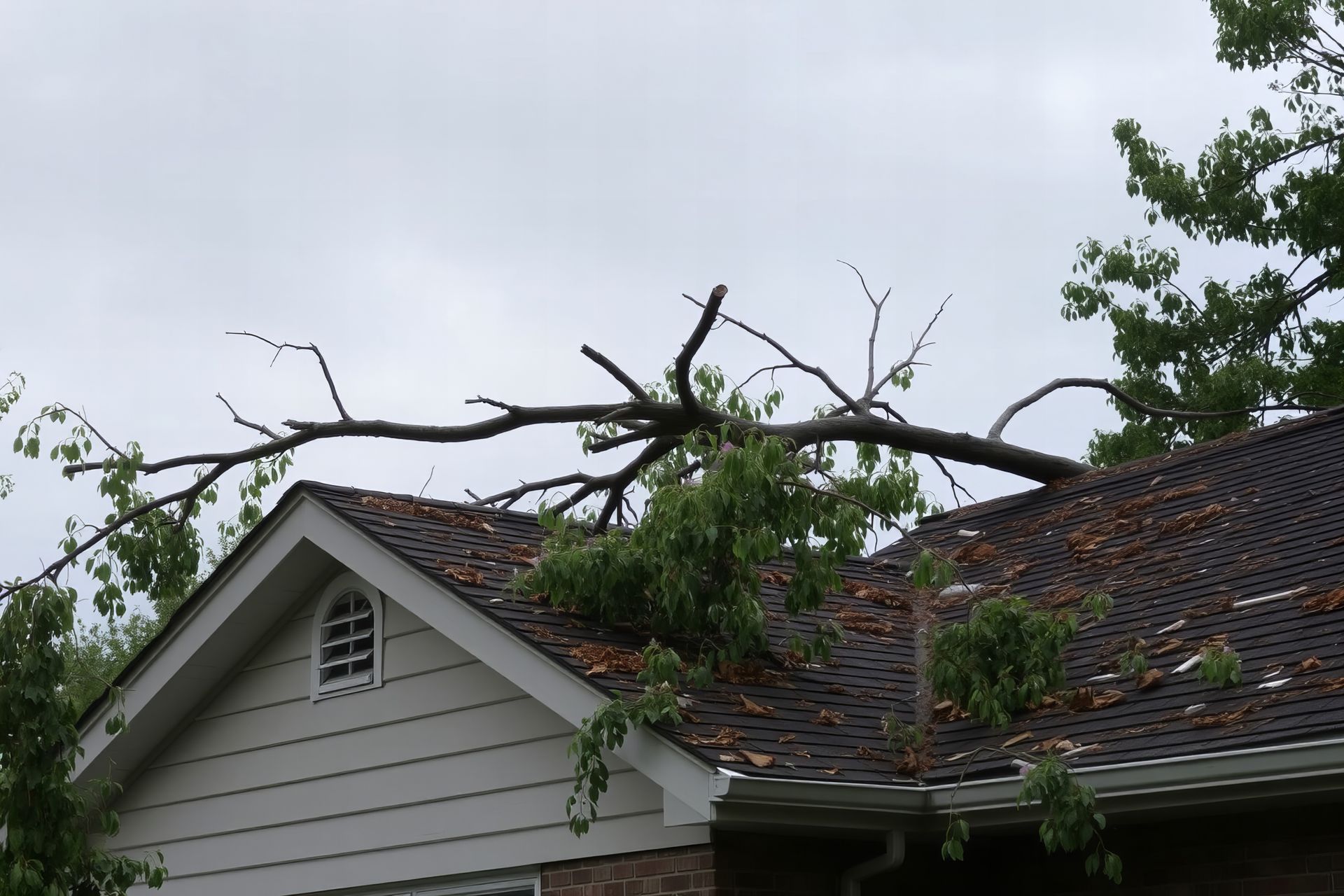Tree damage on a residential roof after a severe storm.
