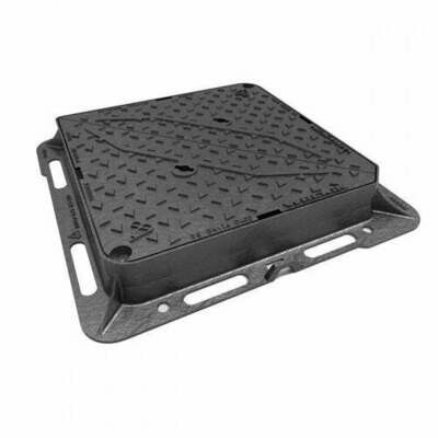 a black manhole cover with a metal frame on a white background .