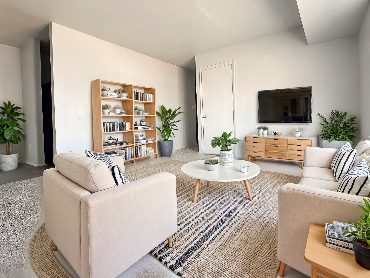 A living room with a couch , chair , coffee table and television.