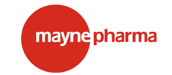 Mayne Pharma logo in white text on a red circle with orange wordmark