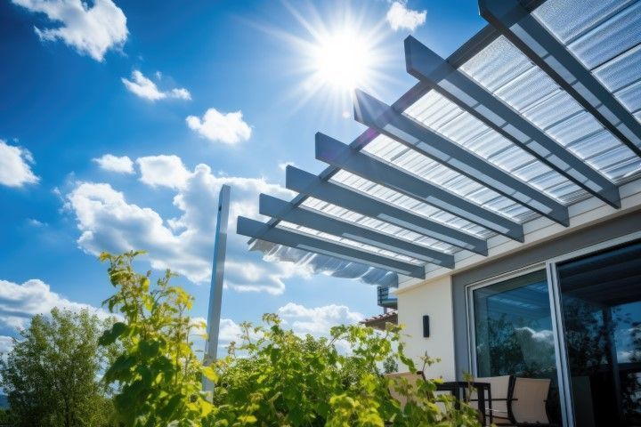Modern house patio with glass pergola, blue sky, bright sun, and green plants