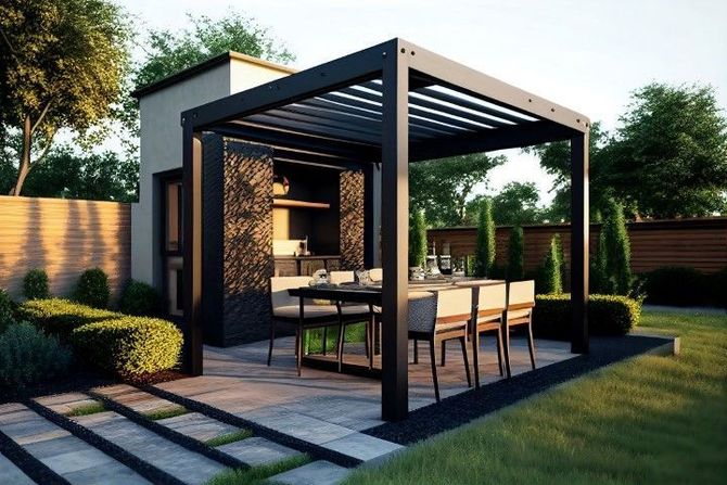 Modern outdoor patio with a pergola, dining table, and chairs in a landscaped backyard at dusk