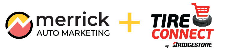 Merrick auto marketing and tire connect logos on a white background