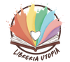 Logo della Libreria Utopia: libro aperto con pagine arcobaleno e un cuore bianco
