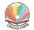 Logo della Libreria Utopia: libro aperto con pagine arcobaleno e un cuore bianco