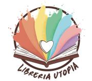 Logo della Libreria Utopia: libro aperto con pagine arcobaleno e un cuore bianco