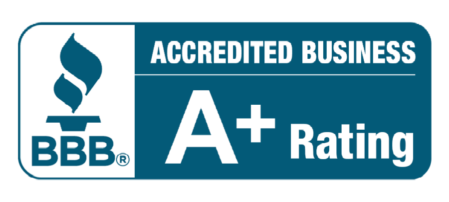 A blue bbb accredited business a + rating logo on a white background.