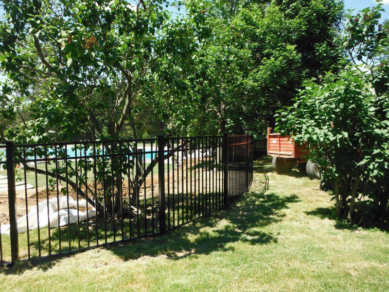 Black metal fence along a grassy yard with trees and a small red gate in the background