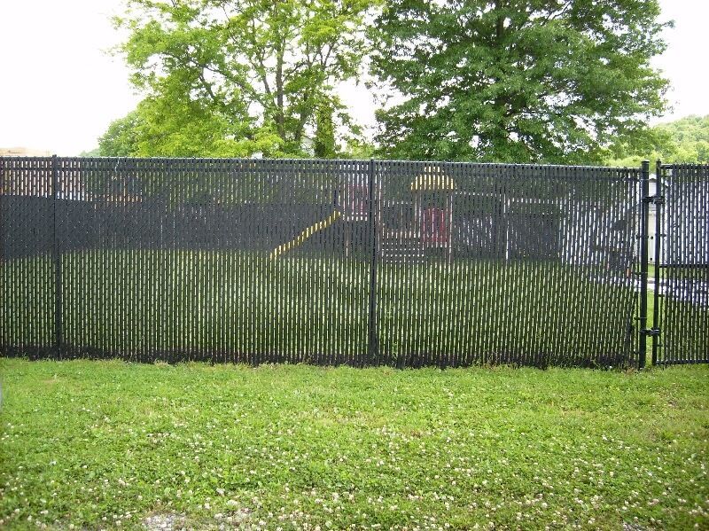 Black chain-link fence across a grassy yard with trees behind it.