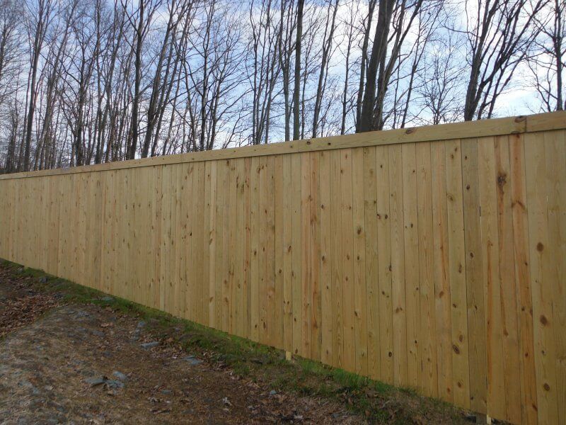 Tall wooden privacy fence along a dirt path with leafless trees behind it