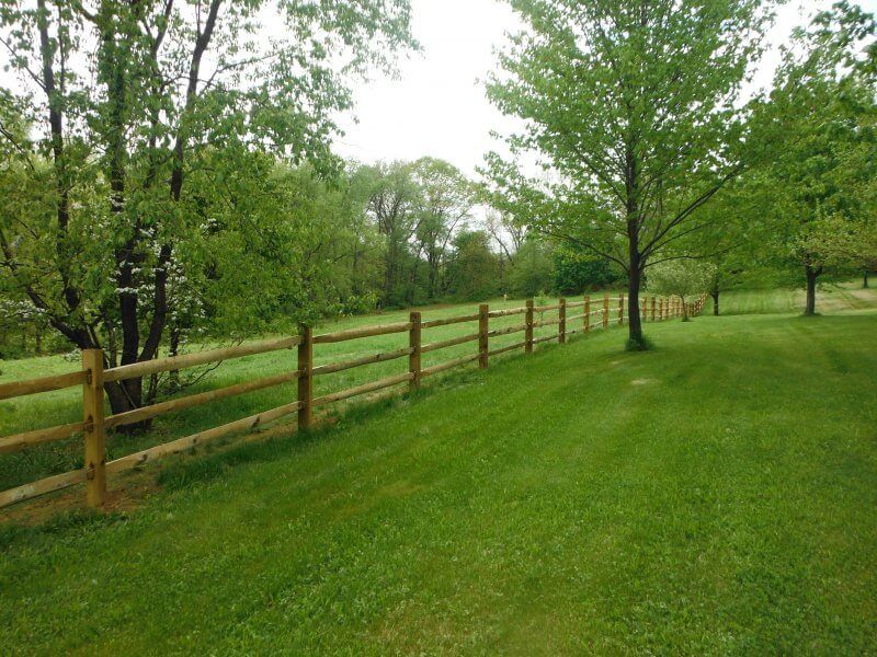 Grassy field bordered by a wooden fence and trees on a cloudy day