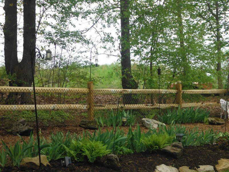 Wooden fence beside a wooded garden path with green plants and trees