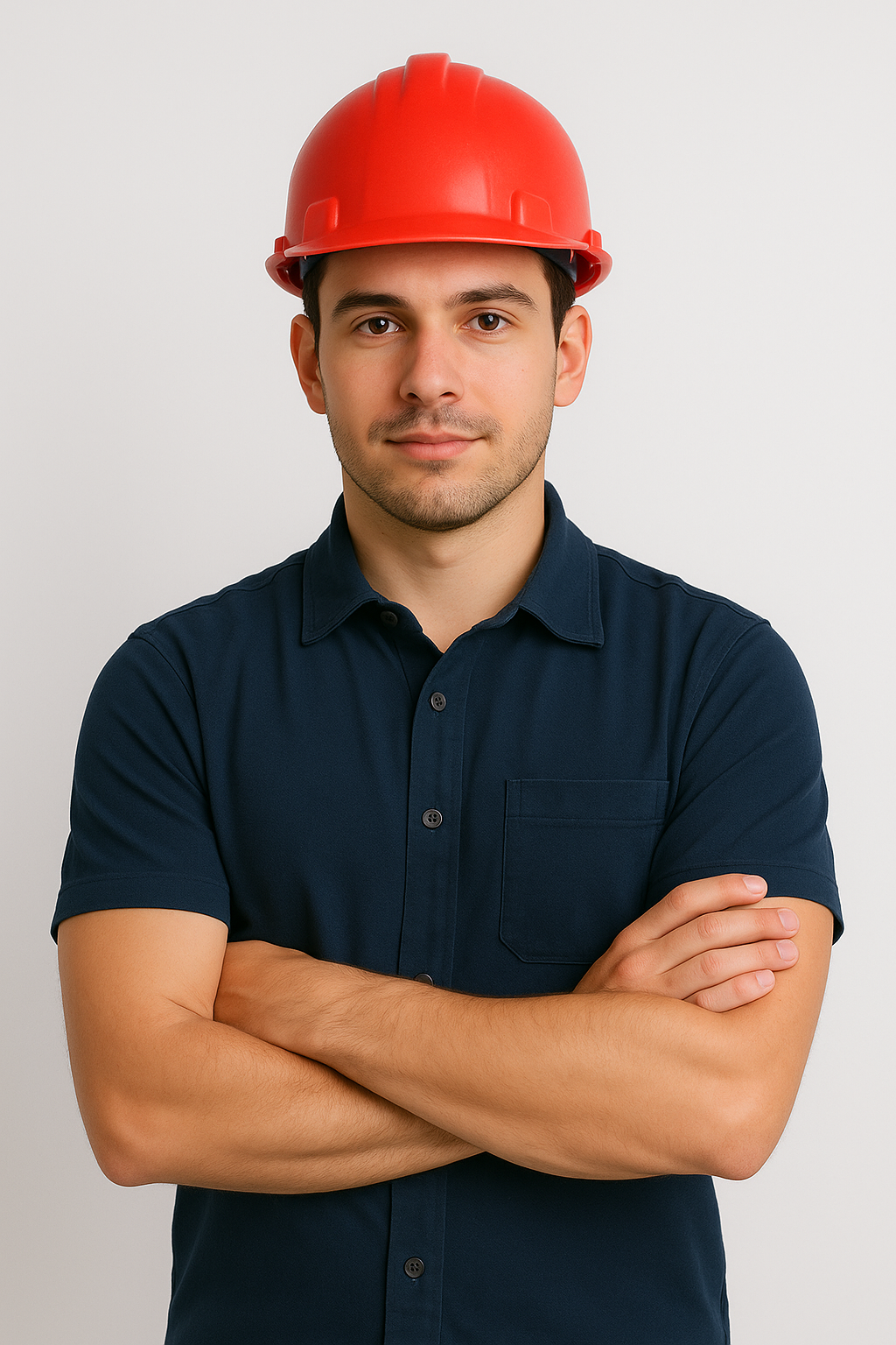 Man in a red hard hat and navy shirt standing with arms crossed against a plain background