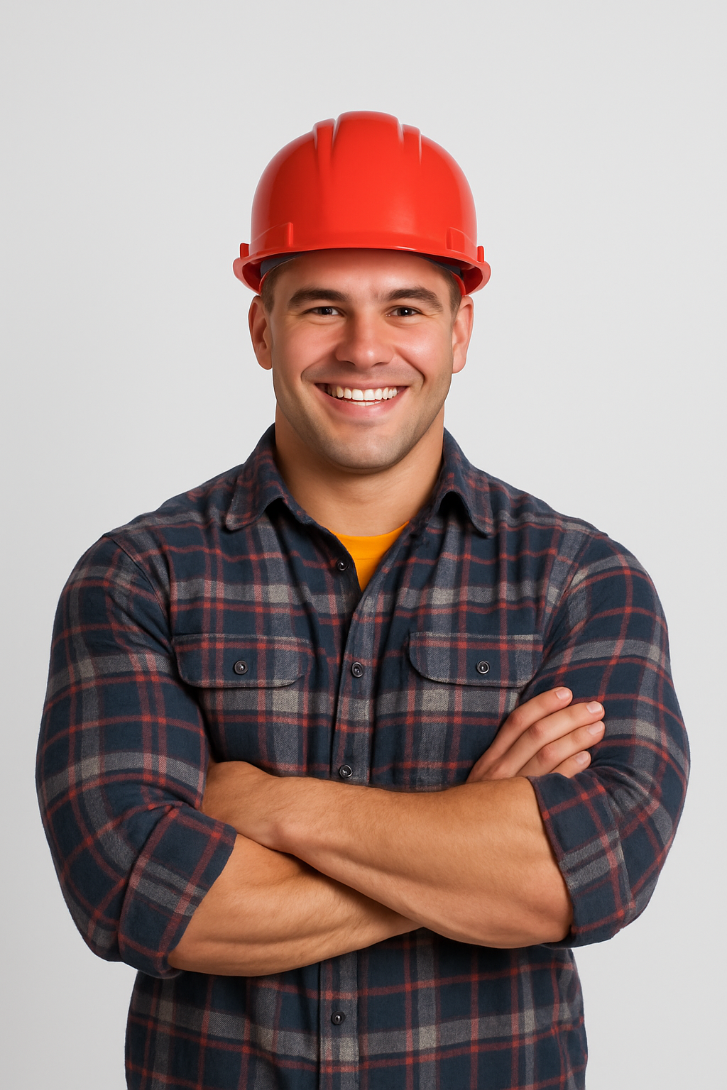 Smiling worker in red hard hat and plaid shirt with arms crossed